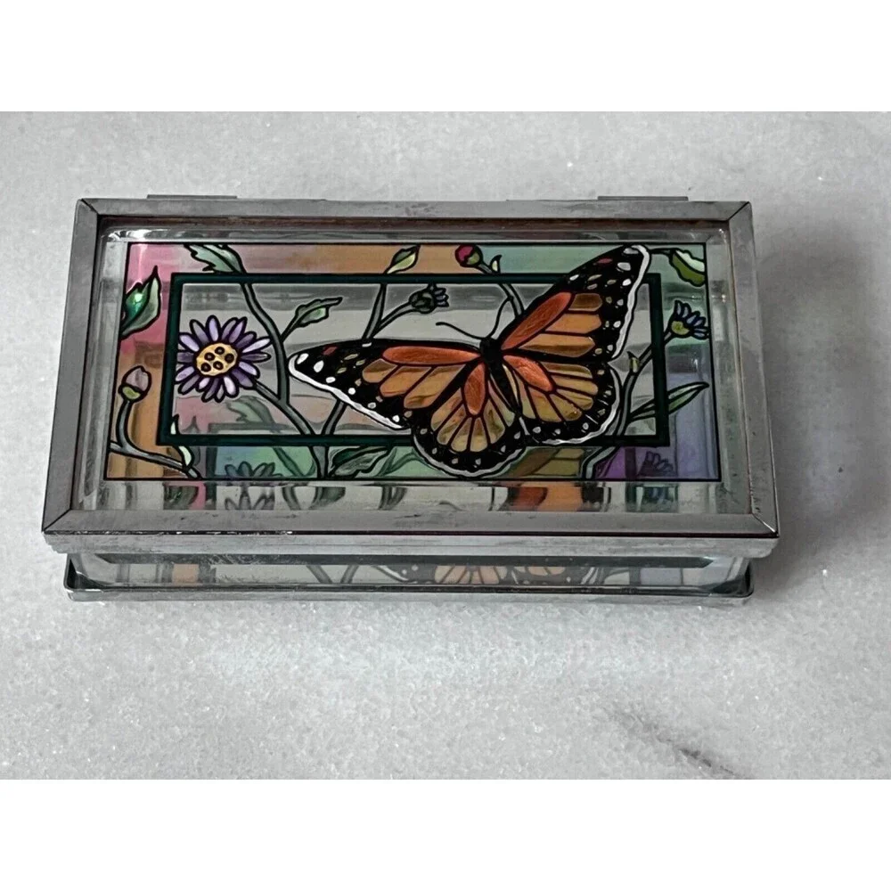 AMIA Denver Co. Stained Glass Trinket Box hand painted butterfly